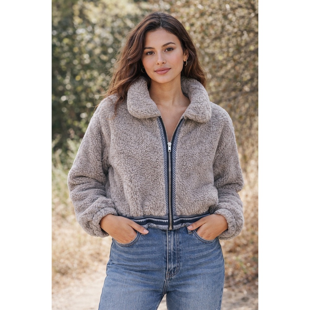 Earthbound Trading Co Grey Sherpa Fleece Cropped Zip Up Jacket Large Boho